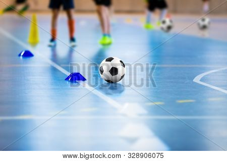 Futsal Soccer Training Field. Young Futsal Players With Balls On Training. Close Up Of Futsal Ball. 