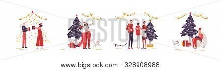 Characters Set. Party Around Christmas Tree. Happy Friends Communicate, Enjoy At Home. Company Celeb