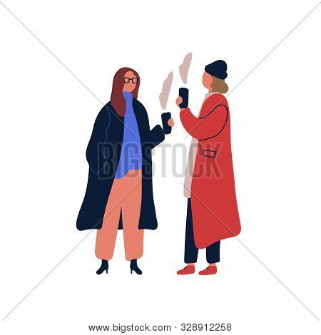 Women Drinking Hot Beverage Flat Vector Illustration. Friends Meeting, Communicating With Coffee Cup