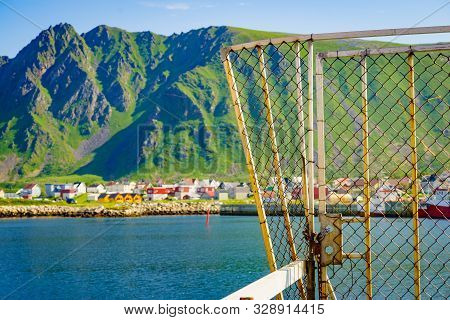 Fishing Port Old Pier And Gate With Bleik Village Houses In The Background. Andoya Island, Vesterale