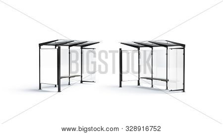 Blsnk White Affiche On Bus-stop Mock Up, Side View, 3d Rendering. Empty Vertical Signage On Glass St