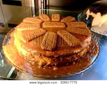 Istanbul, Turkey - February 23, 2018: Cake With Lotus Biscuits And Biscoff. Popular Food Trend.