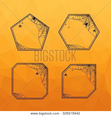 Halloween Geometric Frames Set With Spiderweb, Hanging Spiders Sitting Spiders. Design Decorative El