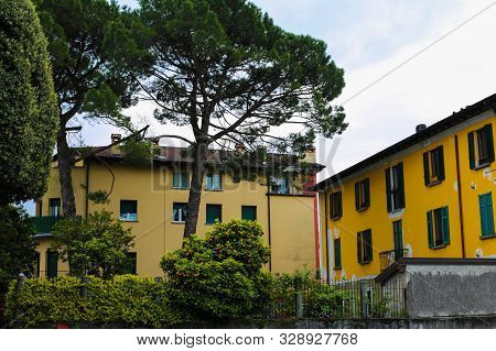 Orange Tree On Street Near Yellow House In Italy, Mandello Del Lario.