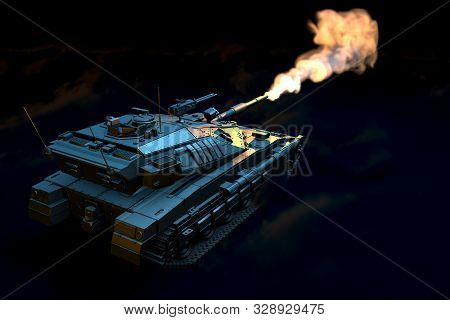Military 3d Illustration Of Isolated Grey Army Tank With Fictive Design In Fight, Highly Detailed Vi