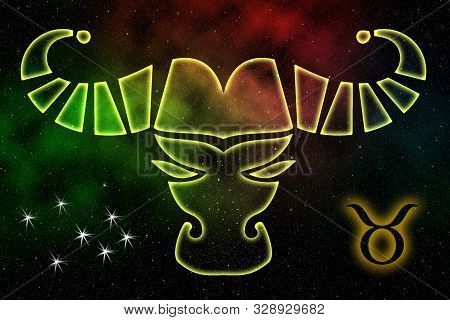 Zodiac Signs. The Astrological Sign Of The Zodiac Is Taurus, Against The Background Of Outer Space. 