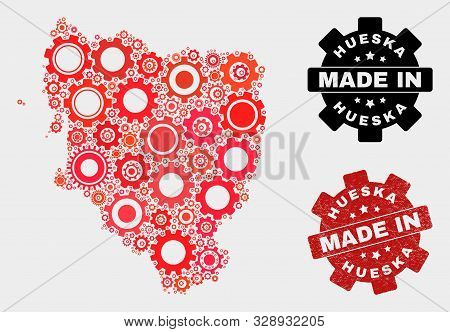 Mosaic Industrial Hueska Province Map And Scratched Seal. Vector Geographic Abstraction In Red Color