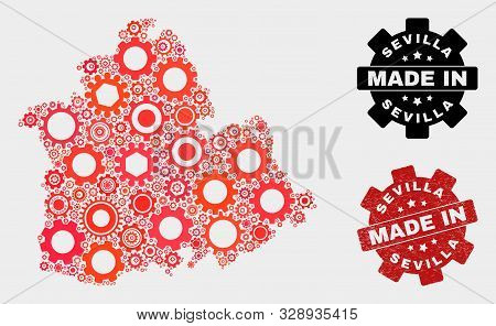 Mosaic Technical Sevilla Province Map And Textured Seal. Vector Geographic Abstraction In Red Colors