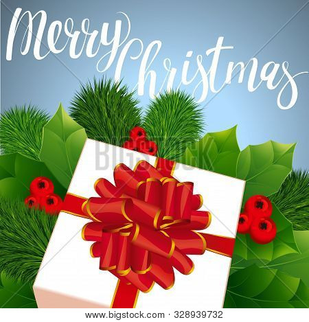 Christmas Card With Holly Lives And Berries, Merry Christmas Colden Lettering On Dark Red Background