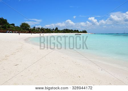 Kendwa, Tanzania - October 3, 2019: Blue Transparent Water And Beautiful White Sand Beach, Kendwa Re