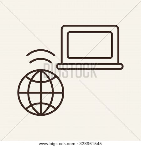 Global Computer Wifi Network Line Icon. Laptop, Planet, Wireless. Communication Service Concept. Vec