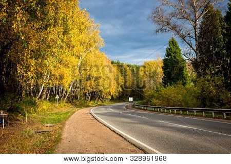 Highway With A Beautiful Turn. Autumn Palette