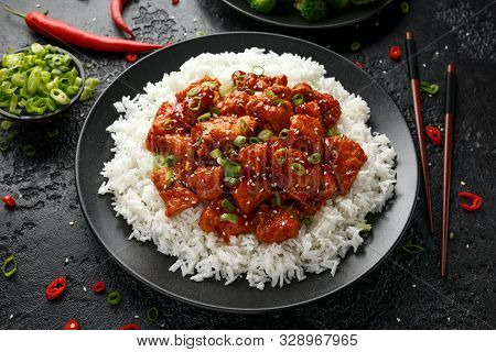 Tsos Chicken With Rice, Green Onion And Broccoli