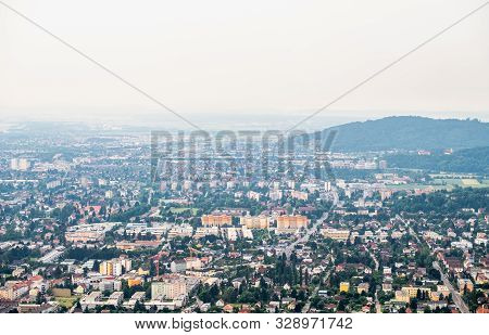 Aerial View Of City Graz From Helicopter Drone With District Eggenberg, Wetzelsdorf And Straßgang On