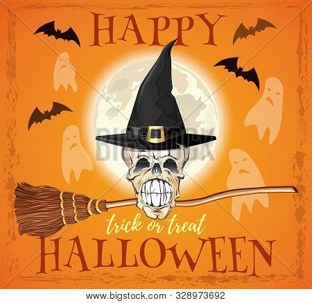 Halloween Design. Skull Of A Witch In A Hat And With A Broom. Trick Or Treat. Skeleton Of A Witch On