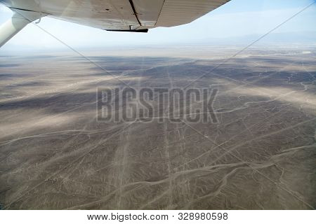 Nazca Or Nasca Mysterious Lines And Geoglyphs Aerial View, Landmark In Peru