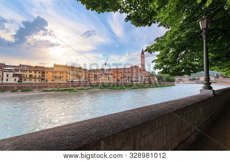Panoramic View On The Dige River In The Evening In Verona. Italy