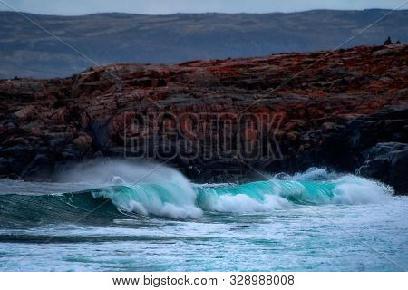 Stormy Waves At Barents Sea, Arctic Ocean. Kola Peninsula, Murmansk Region In Russia