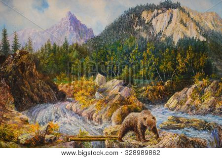 A Bear On The Rapids Of A River Is Fishing. Oil Painting On Canvas.
