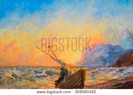 A Boat Broken By A Storm On The Shore With A Man.