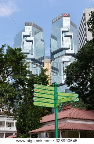 Hong Kong, China - February 4, 2019: View Of Lippo Centre Towers From Hong Kong Park With Navigation