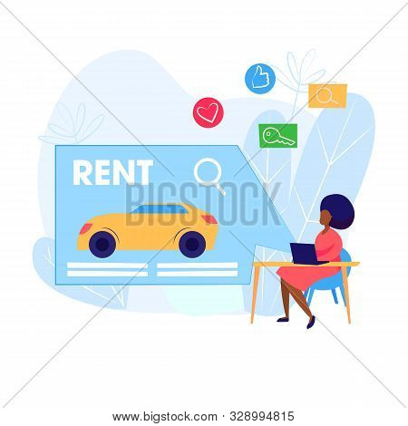 Car Rental Landing Page. Woman Using Computer, Choosing Vehicle, Giving Feedback. Service Concept. V