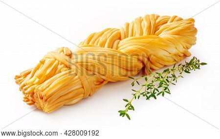 Chechil Cheese With Thyme Isolated. Smoke Chechil Cheese On White Background. Cheese Braid Of Chechi