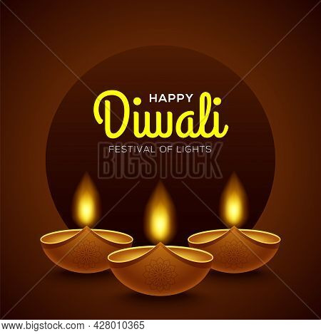 Happy Diwali Design With Diya Oil Lamp Elements On Brown Background