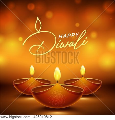 Happy Diwali Design With Diya Oil Lamp Elements On Brown Rangoli Background, Bokeh Sparkling Effect