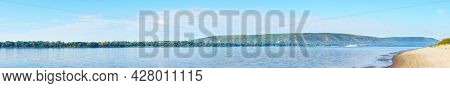 Panorama Of The Big Volga River In Front Of The Zhiguli Mountains