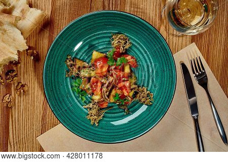 Georgian Salad Of Baked Eggplants With Tomatoes, Onions And Greens