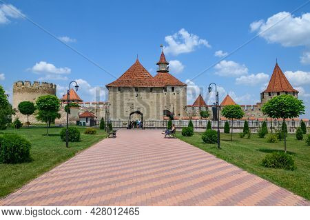 Panoramic view to medieval Turkish and Russian Bender fortress on Dniester river in Tighina or Bendery, Transnistria, Moldova