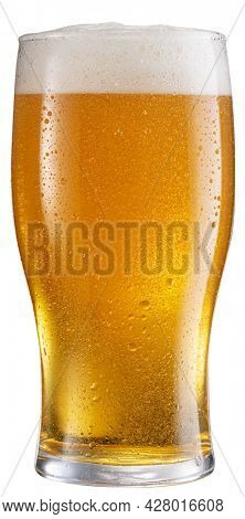 Cool glass of beer with water drops on a cold surface of glass isolated on white background. File contains clipping path.