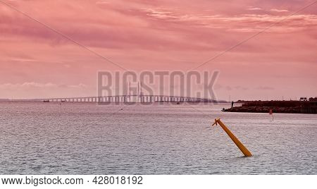 Oresund Strait And Oresund Bridge At Sunset Viewed From The Danish Side.