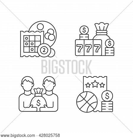 Participation In Lottery Linear Icons Set. Bingo Game. Winning Large Cash Reward. Pari Mutuel Prize.