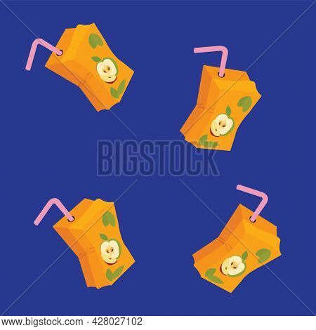 Paper Box Of Apple Juice On A Blue Background. Pattern. Vector Stock Illustration.