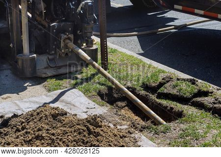 Low Angle View Of Trenchless Laying Of Communications, Fiber Optic And Water Pipes With Horizontal D