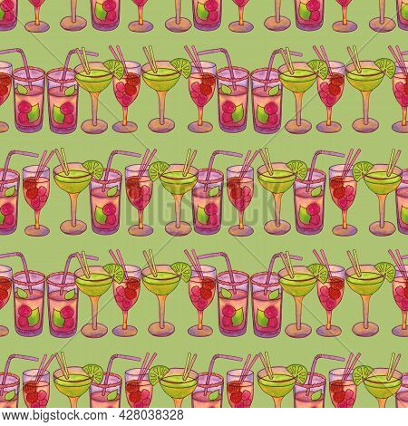 Seamless Pattern With Cocktails. Cocktail Glasses On A Green Background. Mixed Non-alcoholicdrink Wi