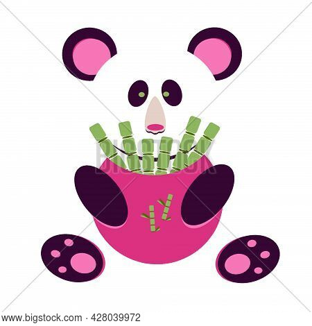 Children's Illustration With A Panda. Bear. Black And White Bear. Panda With Bamboo. Bamboo In A Pot