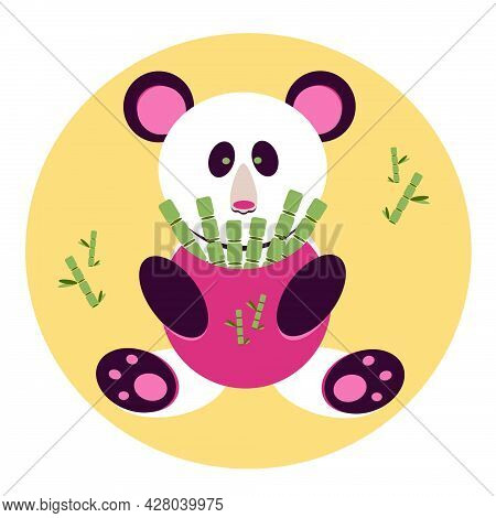 Children's Illustration With A Panda. Bear. Black And White Bear. The Panda Is Holding A Bamboo. Bam