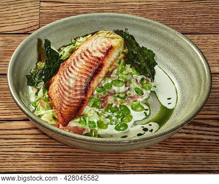 Baked Dorado Fillet With Salad Of Greens, Beans, Ham And Creamy Dressing