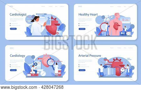 Cardiologist Web Banner Or Landing Page Set. Idea Of Heart Care