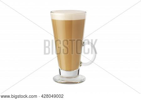 Latte Macchiato In Beautiful Cup On An Isolated White Background With Natural Shadow. Cappuccino Foa
