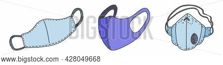 Multicolored Set Of Cloth Medical Masks Virus Protection. Doodle Image On Stock