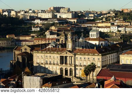 Porto, Portugal - December 02, 2019: View Of The A Ribeira Zone And The City Of Porto At Sunrise Wit