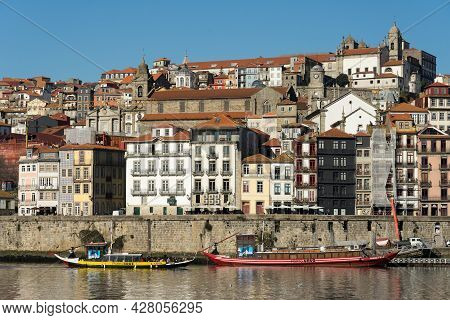 Porto, Portugal - December 02, 2019: View Of The A Ribeira Zone And The City Of Porto At Sunrise Wit