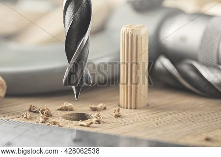 Drill Bit Make Hole For Dowel In Wooden Oak Board