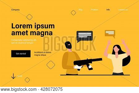 Criminal In Mask Aiming Gun At Scared Victim. Woman Raising Arms And Talking To Offender Flat Vector