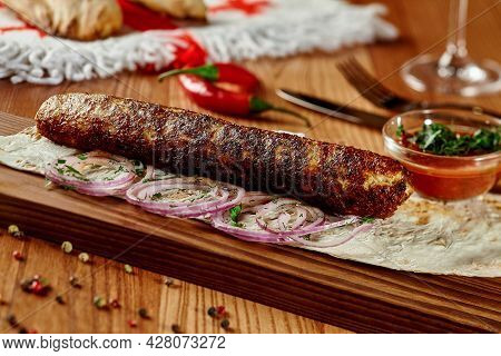 Chicken Lule Kebab With Lavash, Onion, Greens And Satsebeli