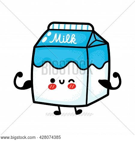 Cute Funny Strong Happy Milk Box Show Muscle. Vector Hand Drawn Cartoon Kawaii Character Illustratio